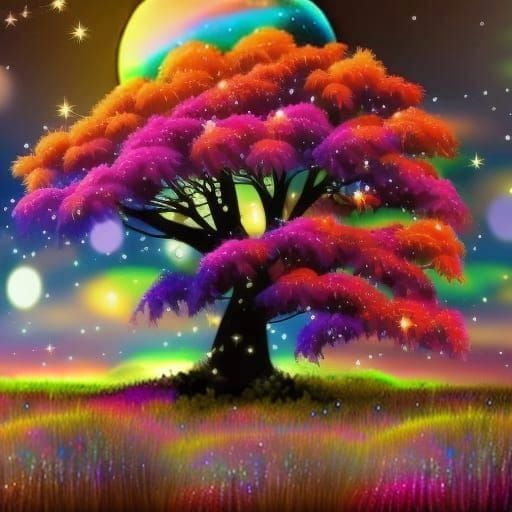 Magical Colorful Tree Under a Space Sky