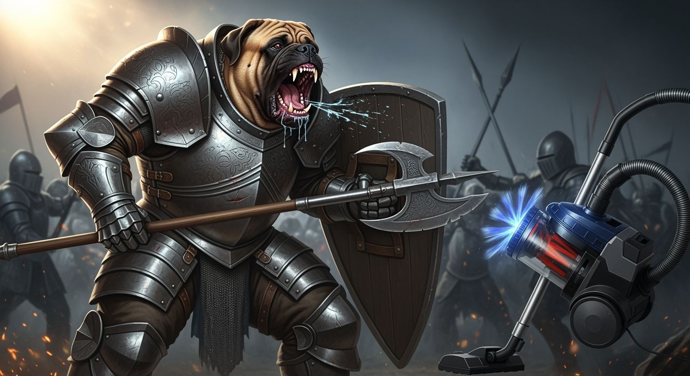 Mastiff Paladin Defends Against Vacuum Cleaner