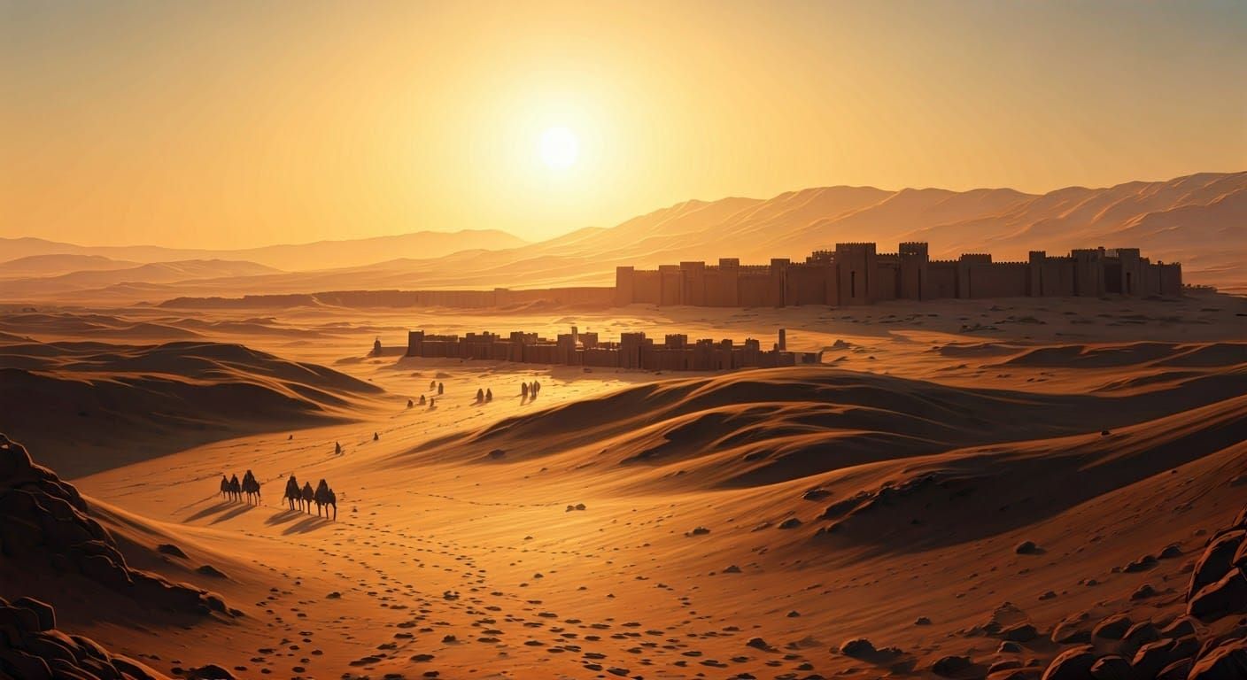 A 14th century BC desert landscape of arid terrain and rolli...