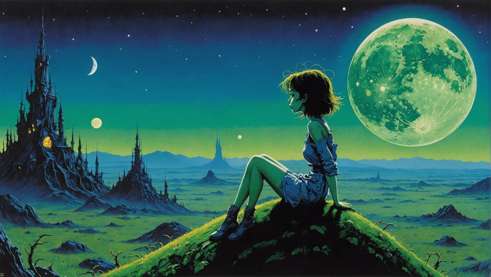 Cyborg Girl on Green Moon in Burtonesque Style