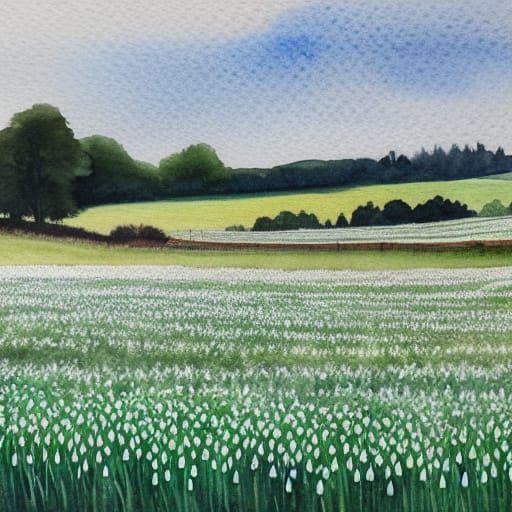 Minty Green Field Filled with Snowdrops in Watercolour