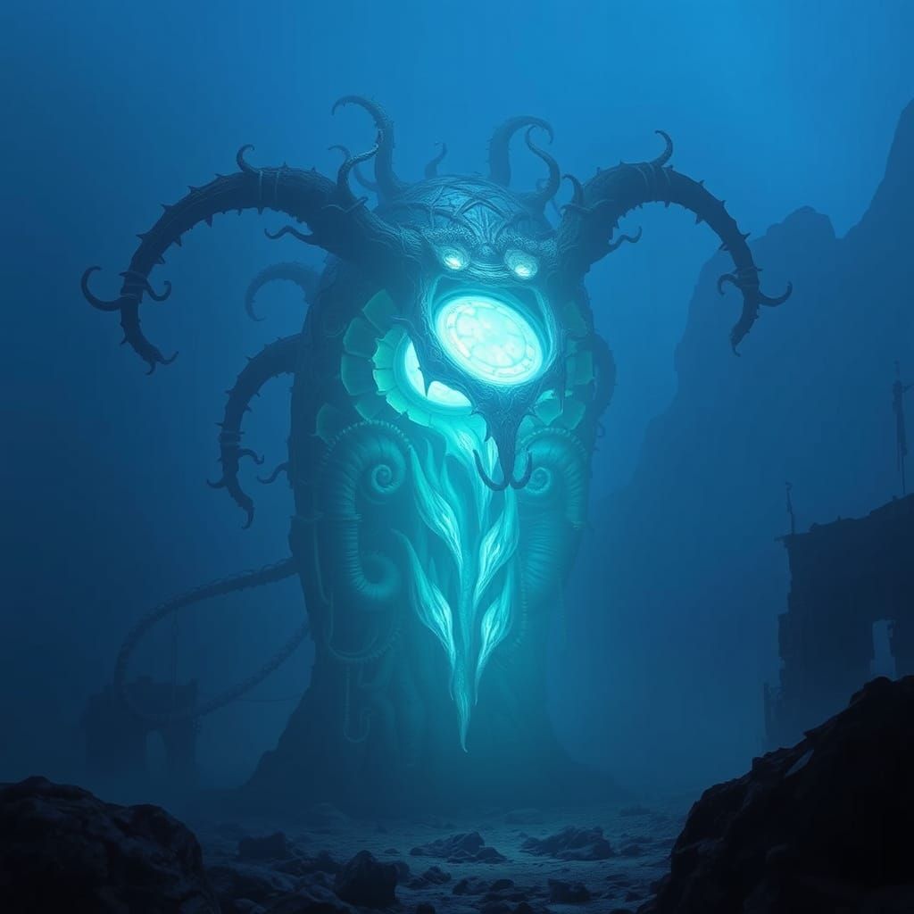 Ethereal Biomechanical Artifact in Deep Blues and Purples