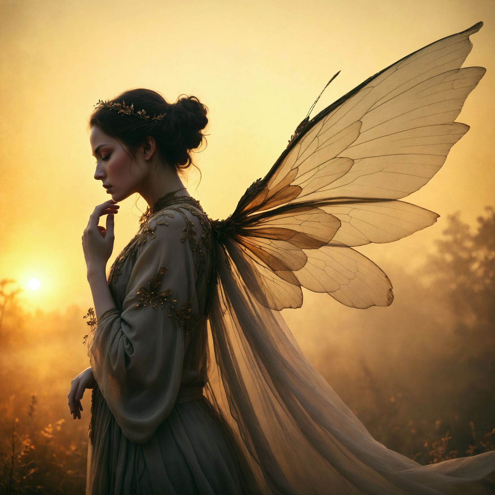 Ethereal Woman with Translucent Wings in Golden Light