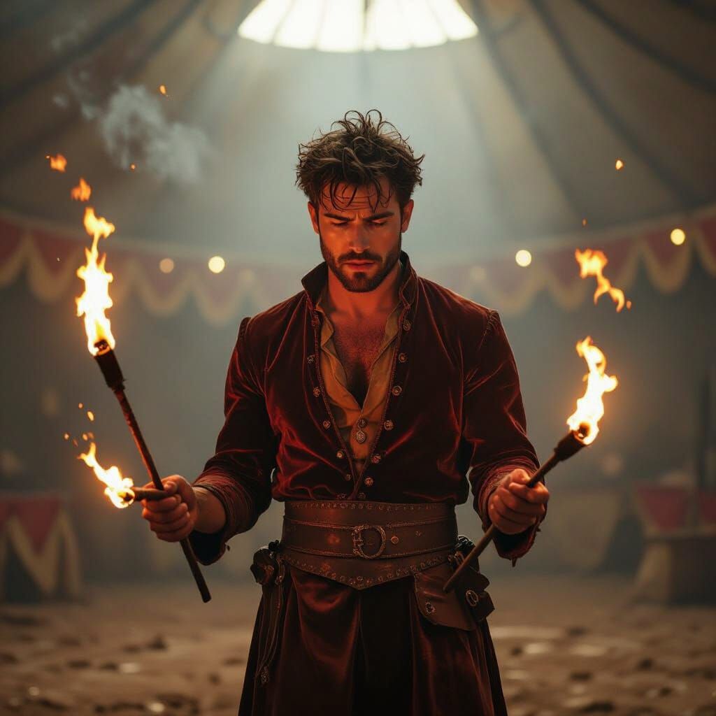 Embarrassed Fire Juggler in Dimly Lit Circus Tent