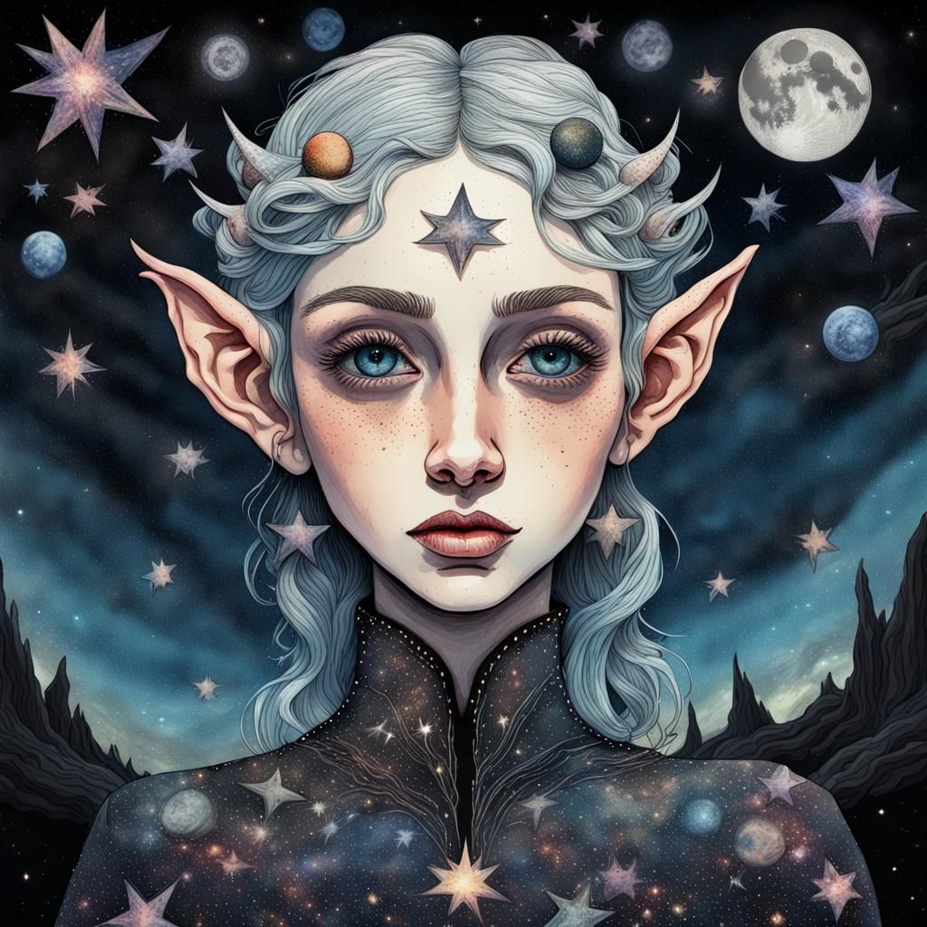 Cosmic Elf Queen in Surrealist Collage Style