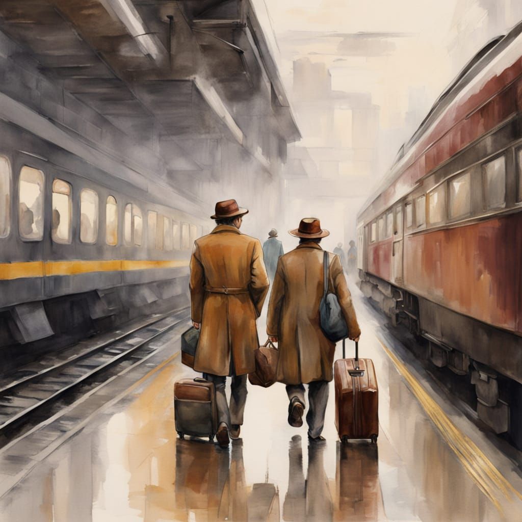 Watercolor Painting of Men Leaving Train Station
