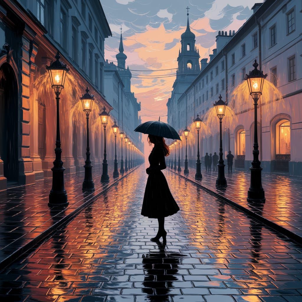 Russian Woman on Cobblestone Street at Dusk in Impressionist...