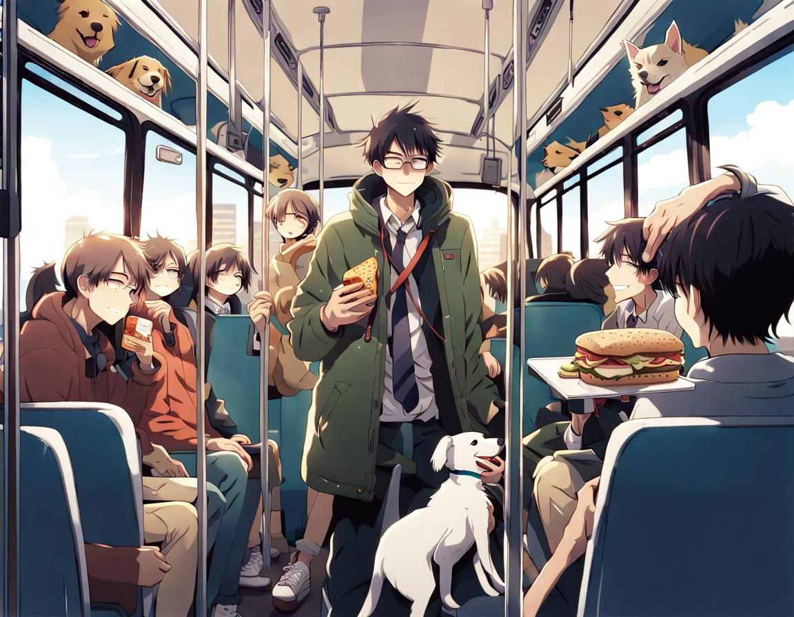 Man and Dog on Bus in Anime Style