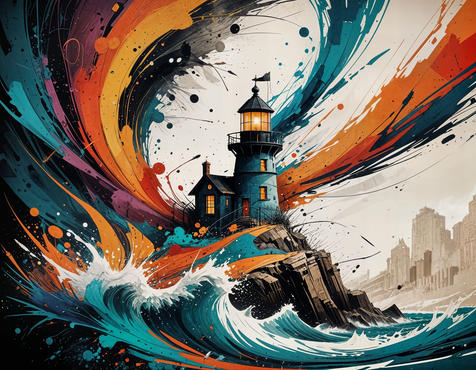 Paper Lighthouse in Windy Chaos: Dye-Transfer Art
