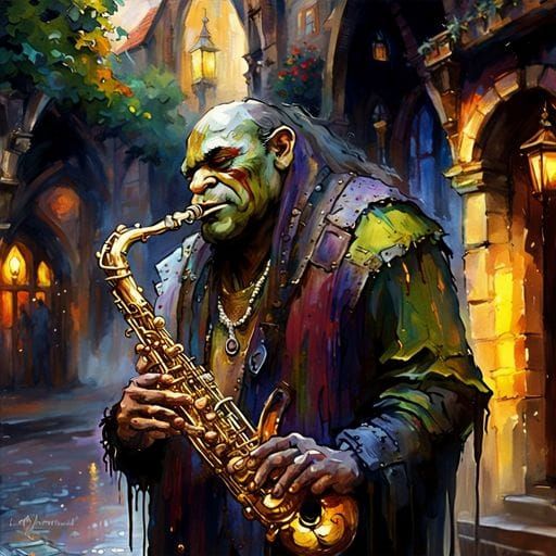 Orc Saxophonist in Medieval Town, Detailed Painting