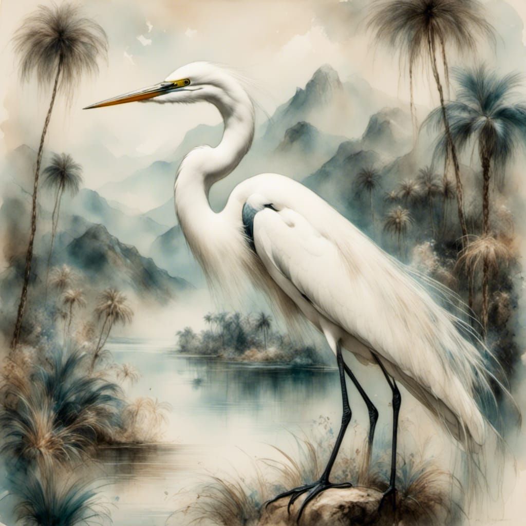 Egret in Tropical Bay: Watercolor Nature Scene