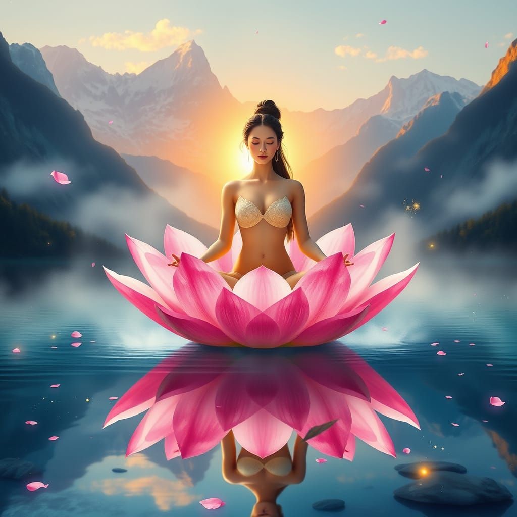 Meditating Woman on Lotus Flower in Watercolor Style