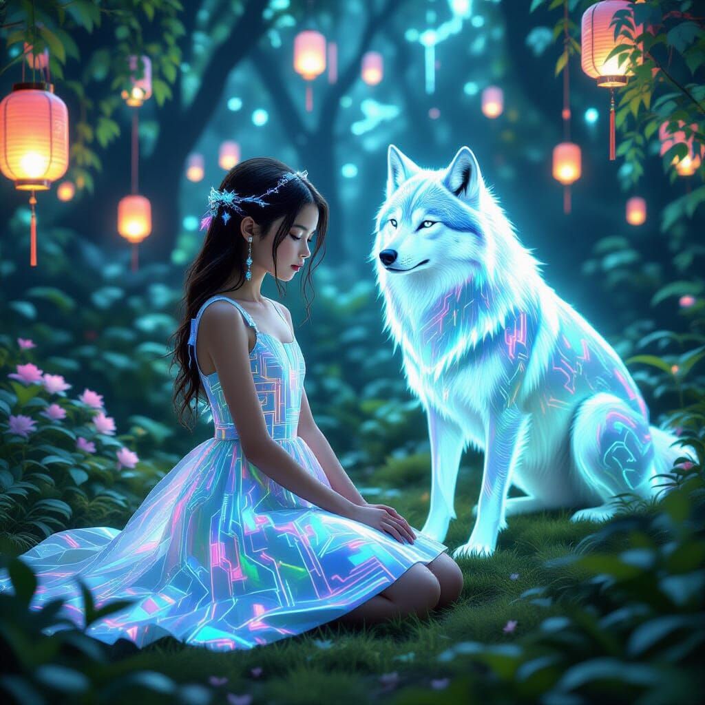 Holographic Girl in Digital Garden with Glowing Wolf