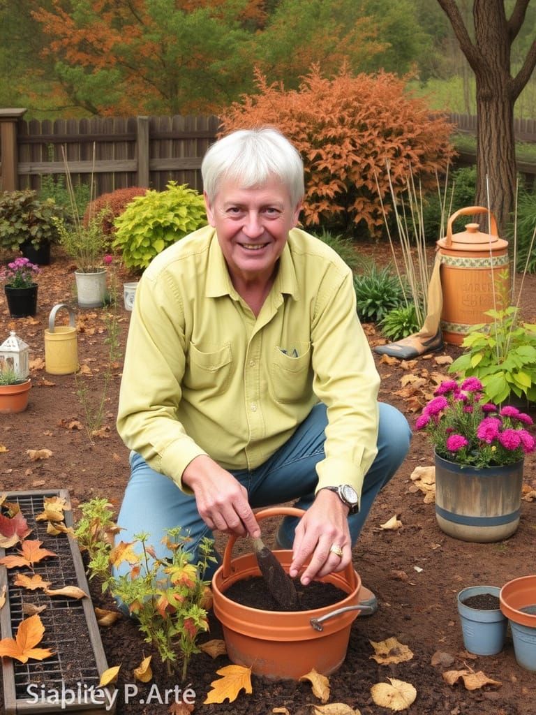 Man Tending Garden in Autumn Colors