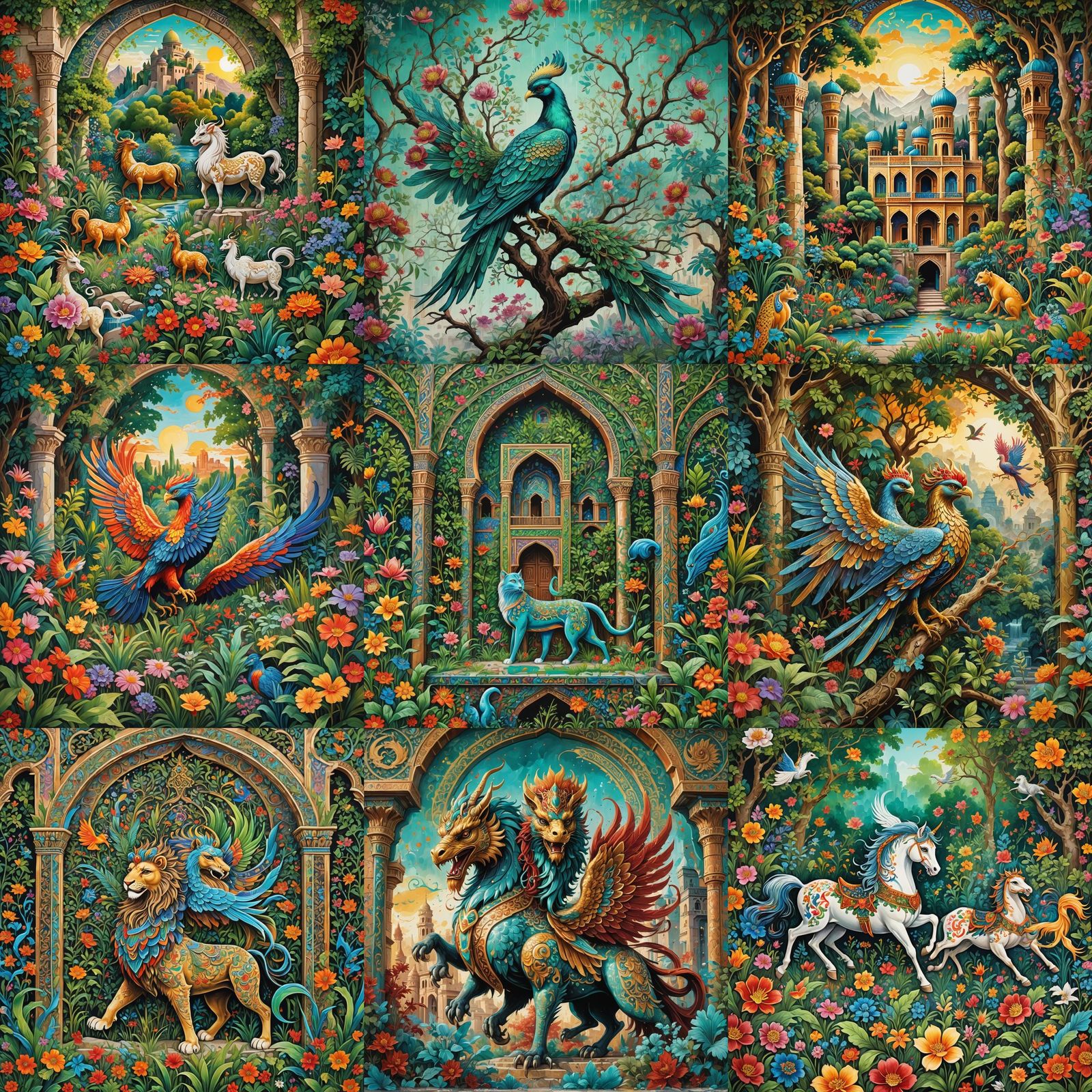 Persian Paradise with Mythical Creatures in Graffiti Art