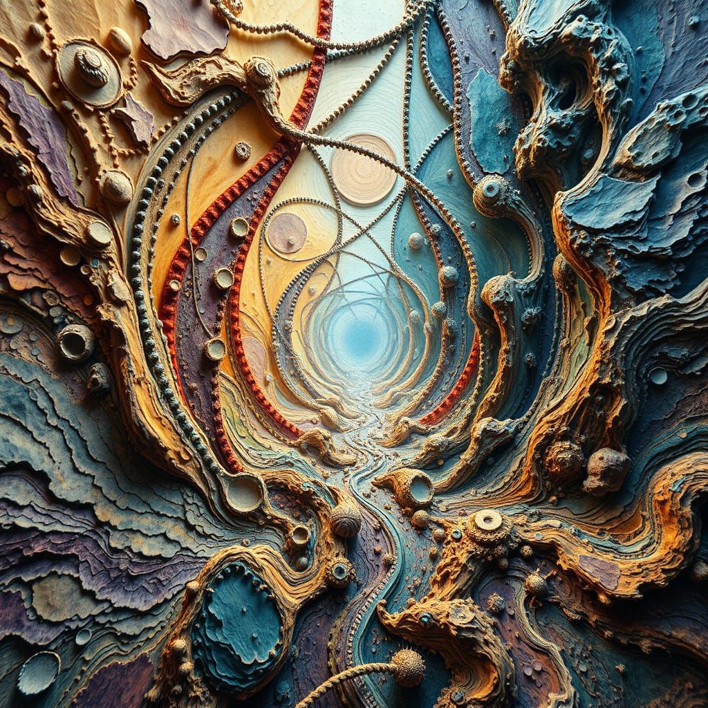 hyperdetailed Metaphysical Painting, textured layered uHD psychedelic tilt-shift optical illusion