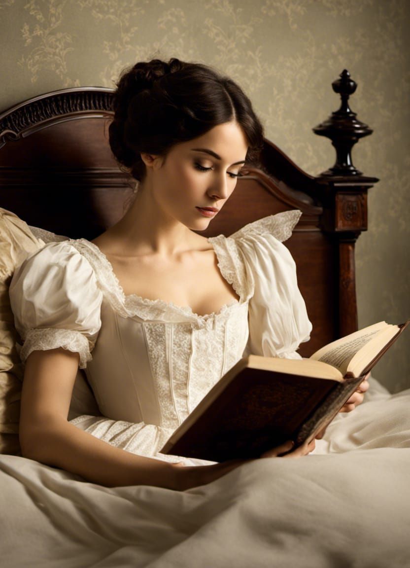 Victorian Woman Reading in Bed Portrait