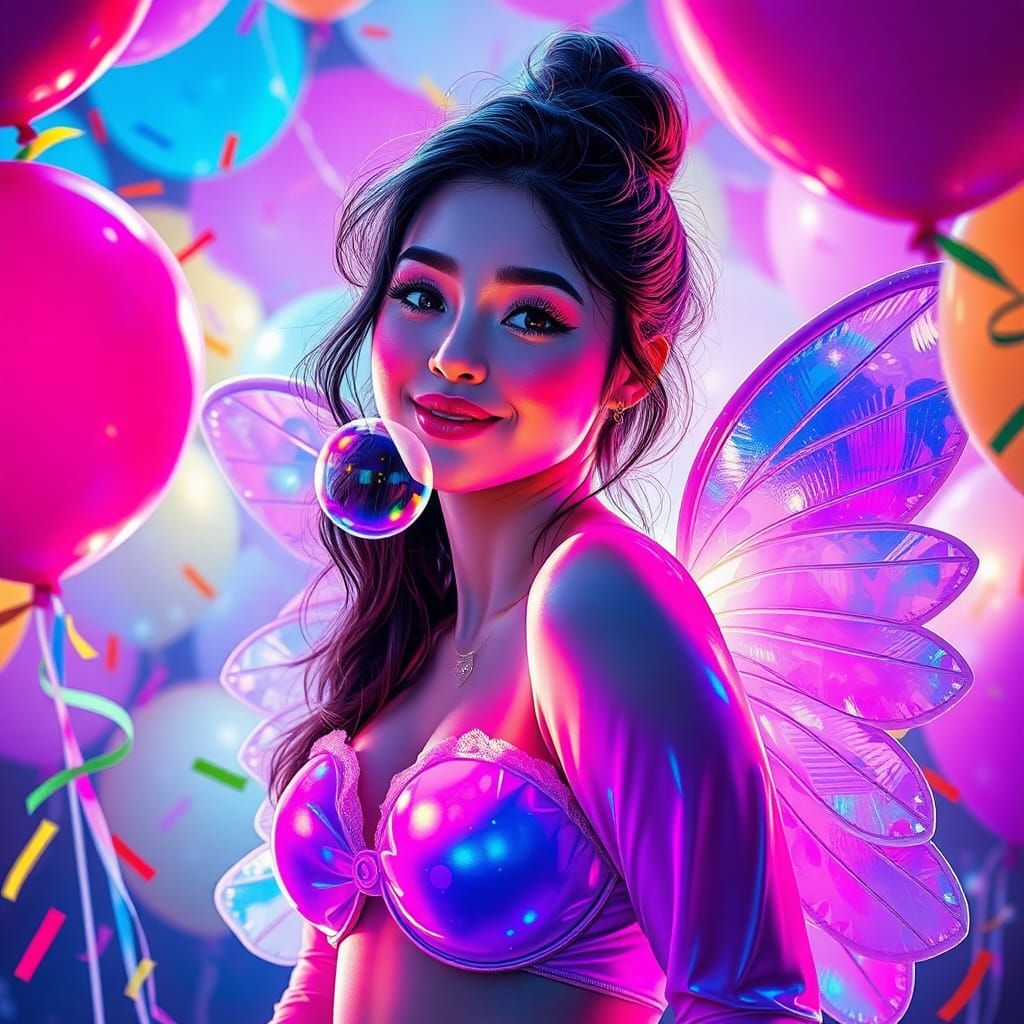 Neon Rave Girl Blowing Bubbles: Pop Surrealism