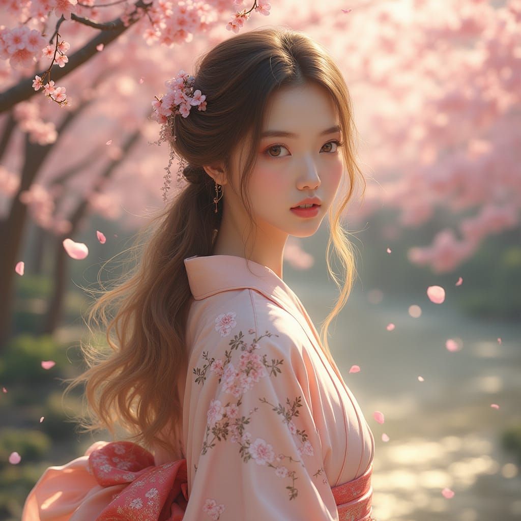 Peaceful Asian Woman in Cherry Blossom Garden