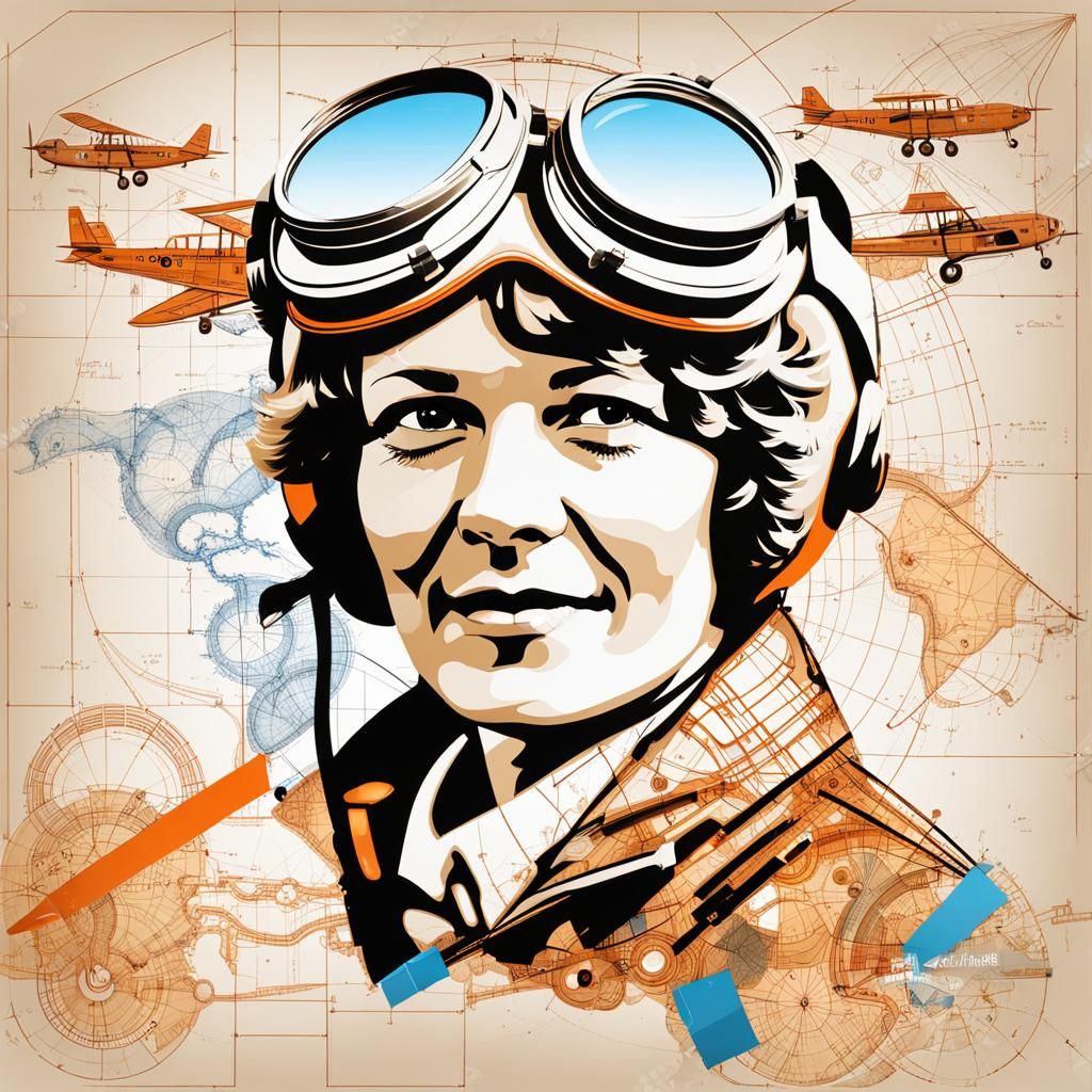 Amelia Earhart Portrait with Aviation Schematics