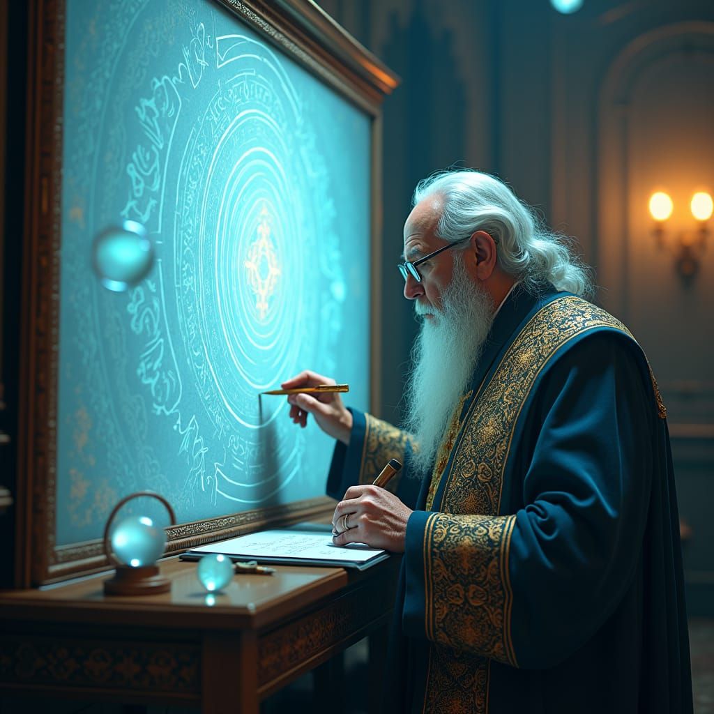 Mystical Teacher Writing on Whiteboard in Ethereal Light
