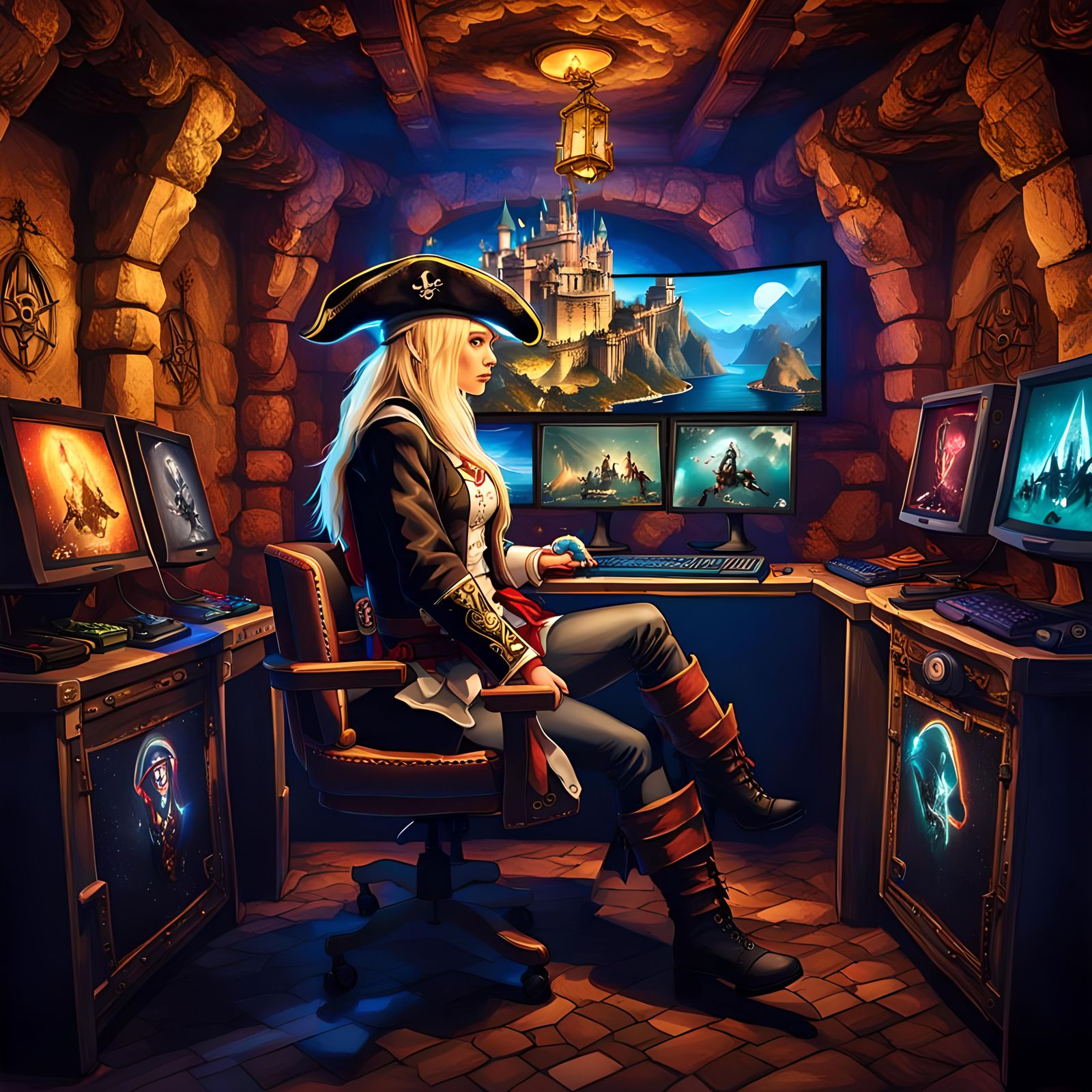 Sasha Playing "ASSASSINS CREED" in Pirate Gaming Set-Up, by Lord Elboron