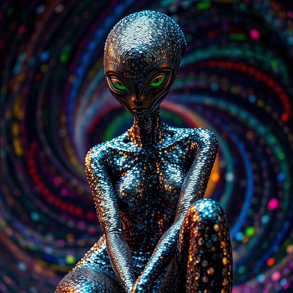 Regal, Iridescent Alien Goddess in Metallic Jumpsuit