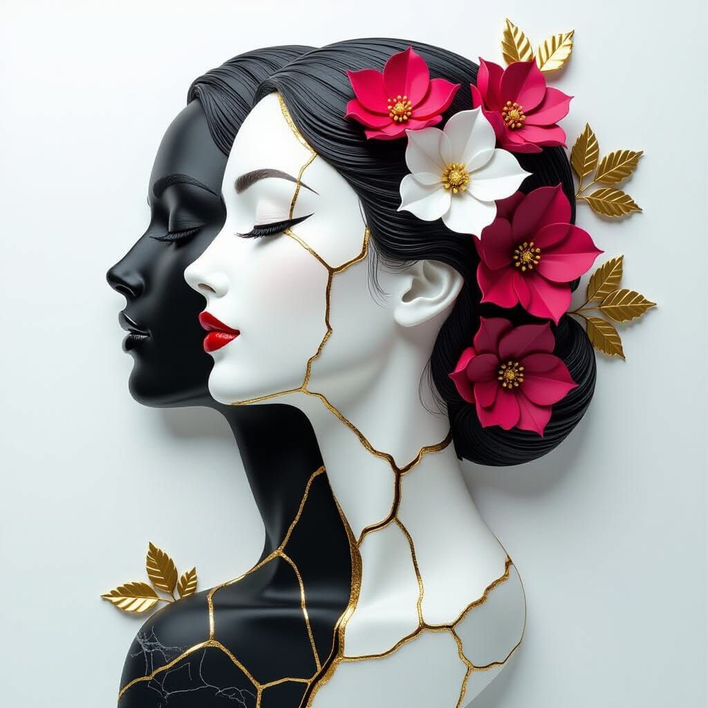 Woman Profile with Golden Kintsugi Joints in Black and White