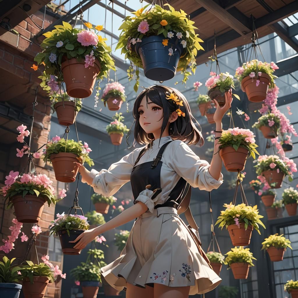 Anime Girl in Hanging Flower Pot, 3D Art