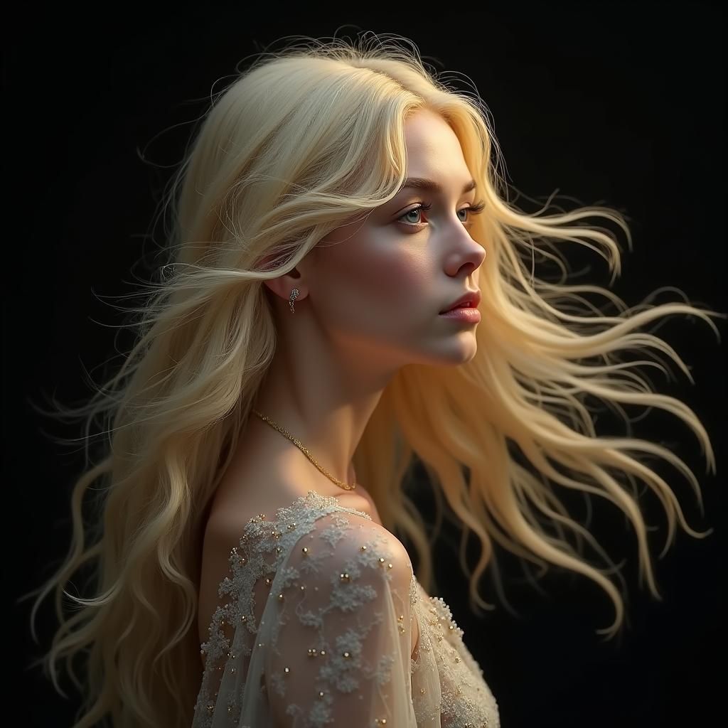 Blonde Woman Portrait with Golden Notes: Fantasy Art