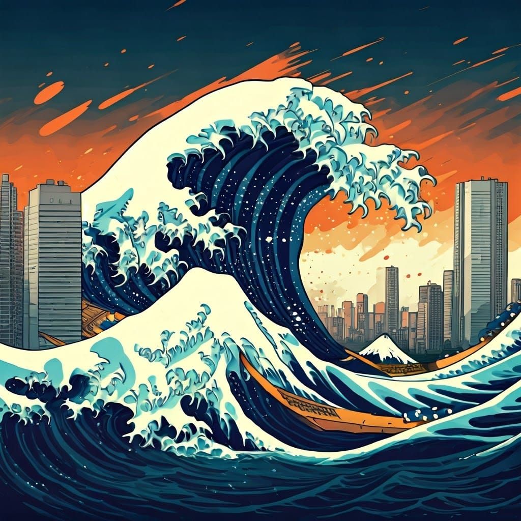 Tsunami Wave Crashes Tokyo in Graffiti Art Style