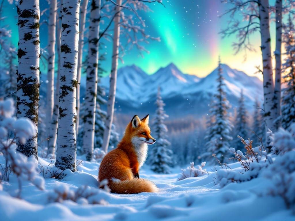 Vibrant Red Fox Amidst Aurora Borealis in Snowy Birch Forest