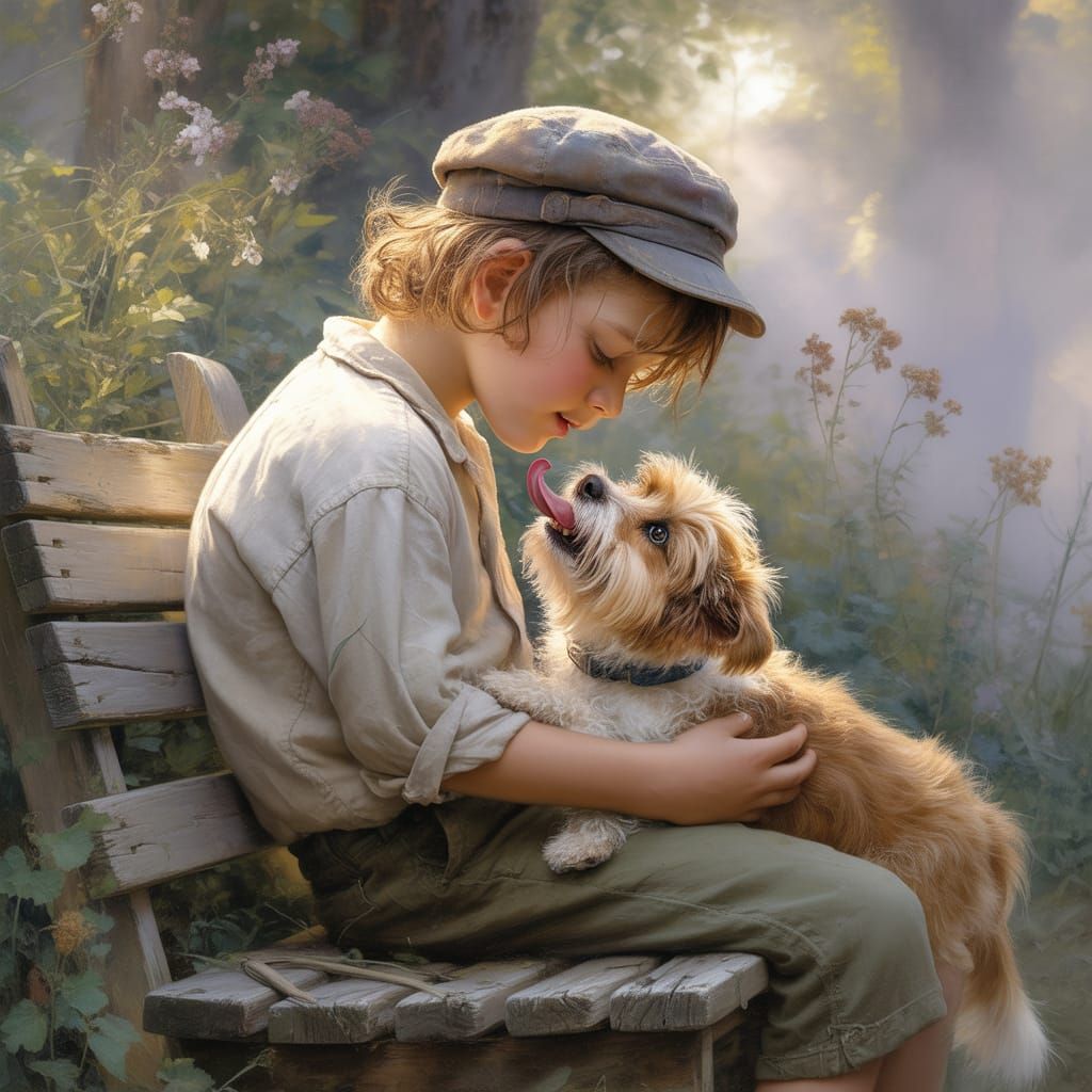 Boy and Dog on Bench in Kinkade Style