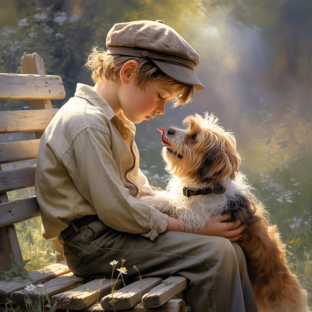 Boy and Dog in Ethereal Light, Thomas Kinkade Inspired