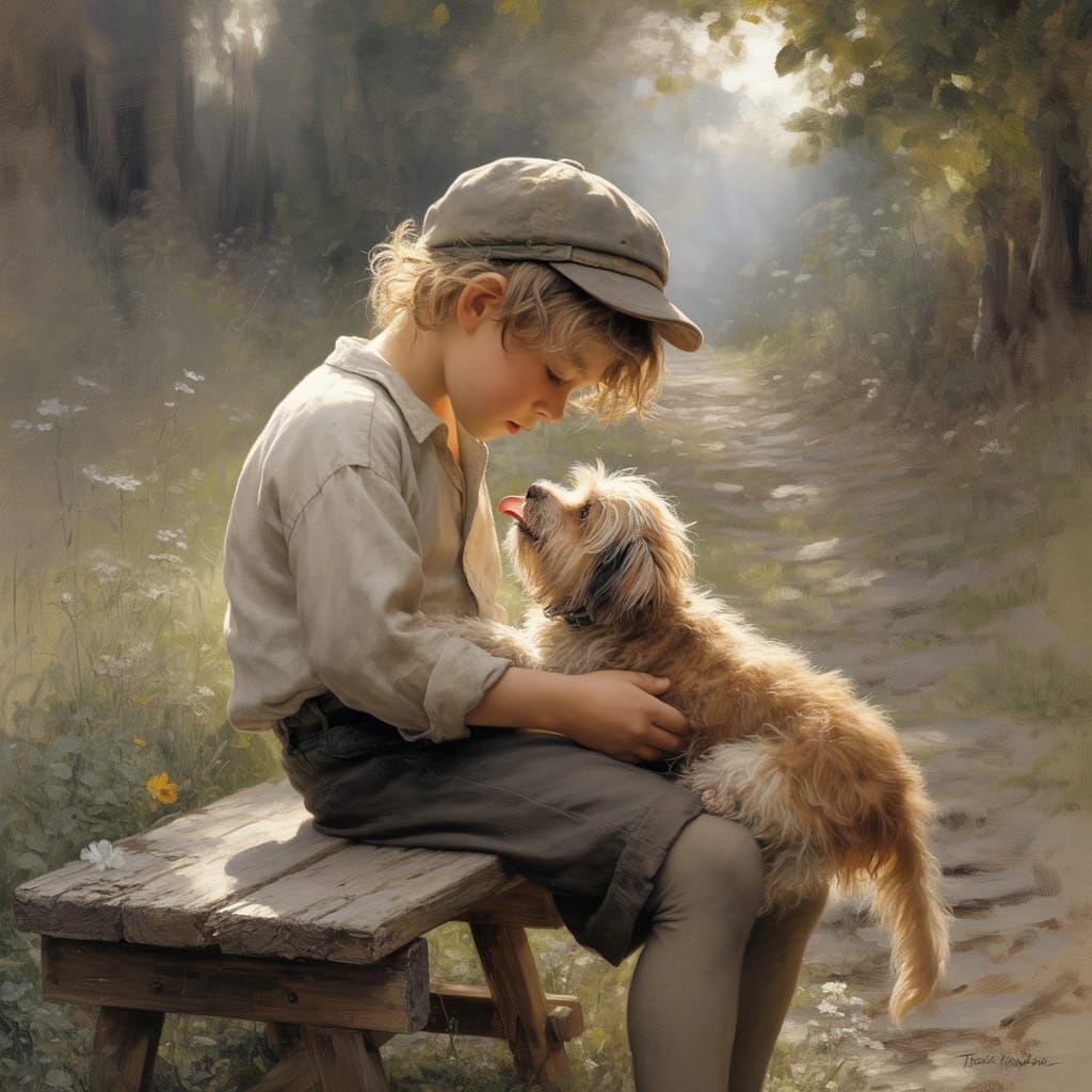 Boy and Shaggy Dog on Bench in Sun-Dappled Clearing