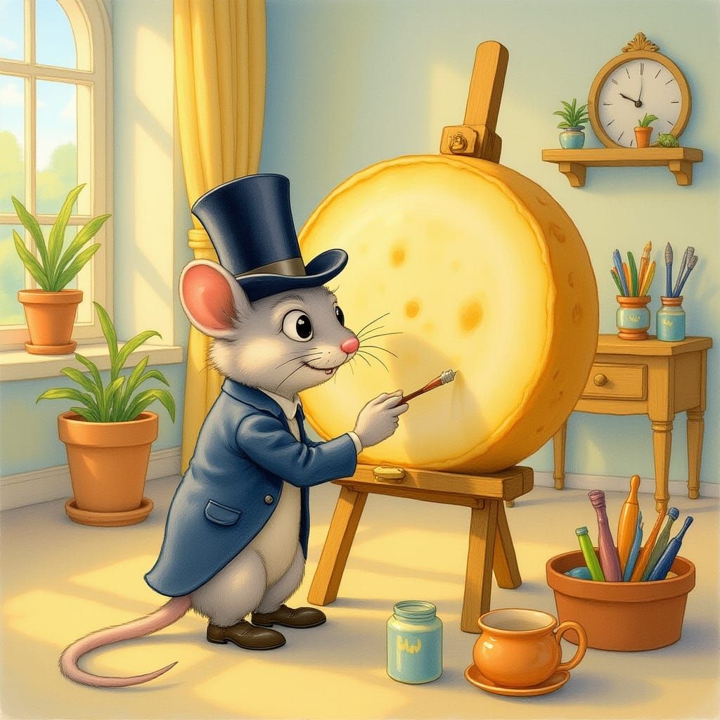 Mouse Painter in Watercolor Style With Cheese Portrait