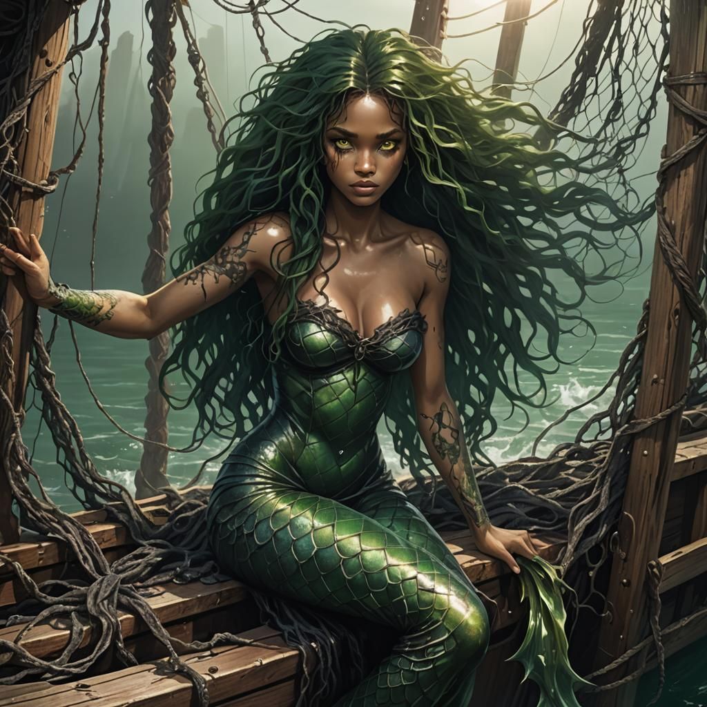 Feral Mermaid Captured in Net, Realism and Matte Painting