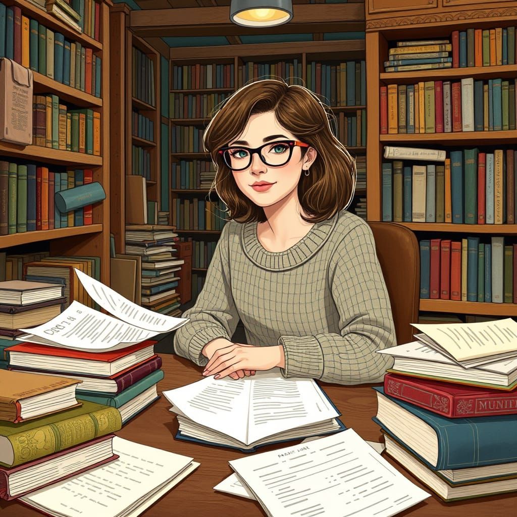 Cozy Library Scene in Whimsical Illustration Style