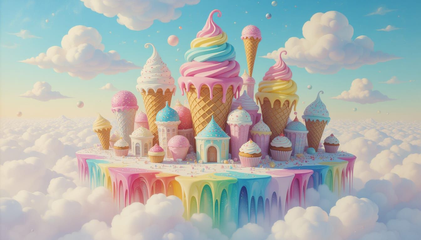 Surreal Ice Cream City in Abstract Acrylic Painting