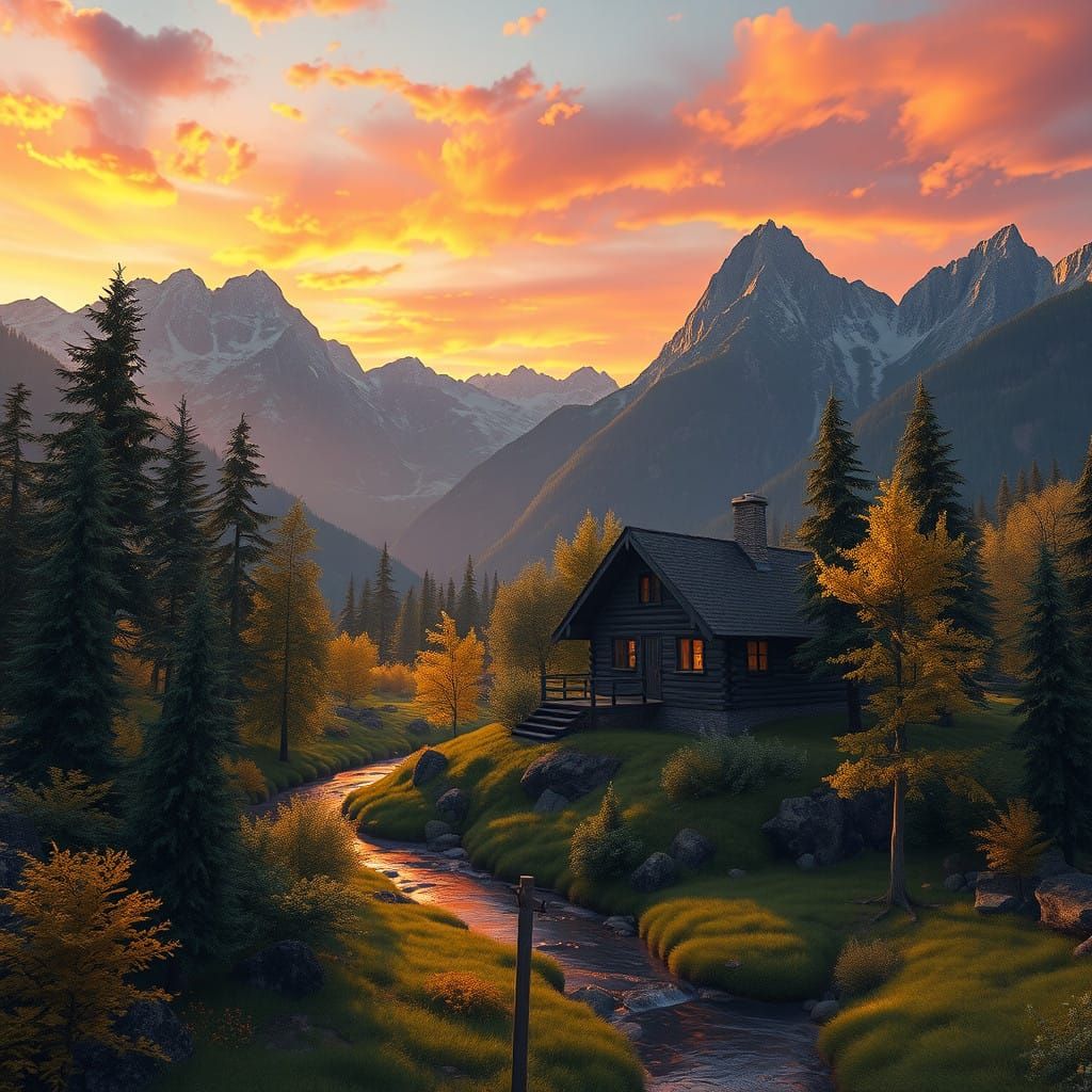 Serene Mountainside Cabin in Vibrant Sunset Colors, Detailed...