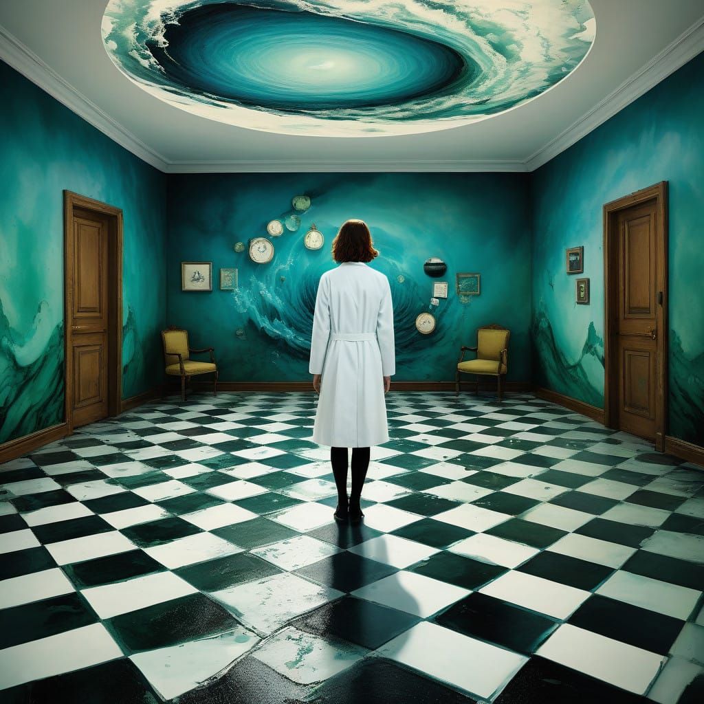 Doctor in a Melting Waiting Room with a Vibrant Ocean Portal