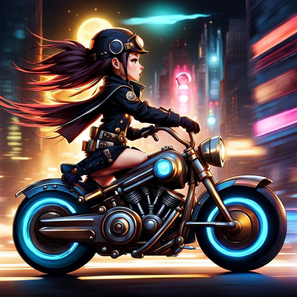 Chibi Steampunk Biker Girl Speeding Through Neon City