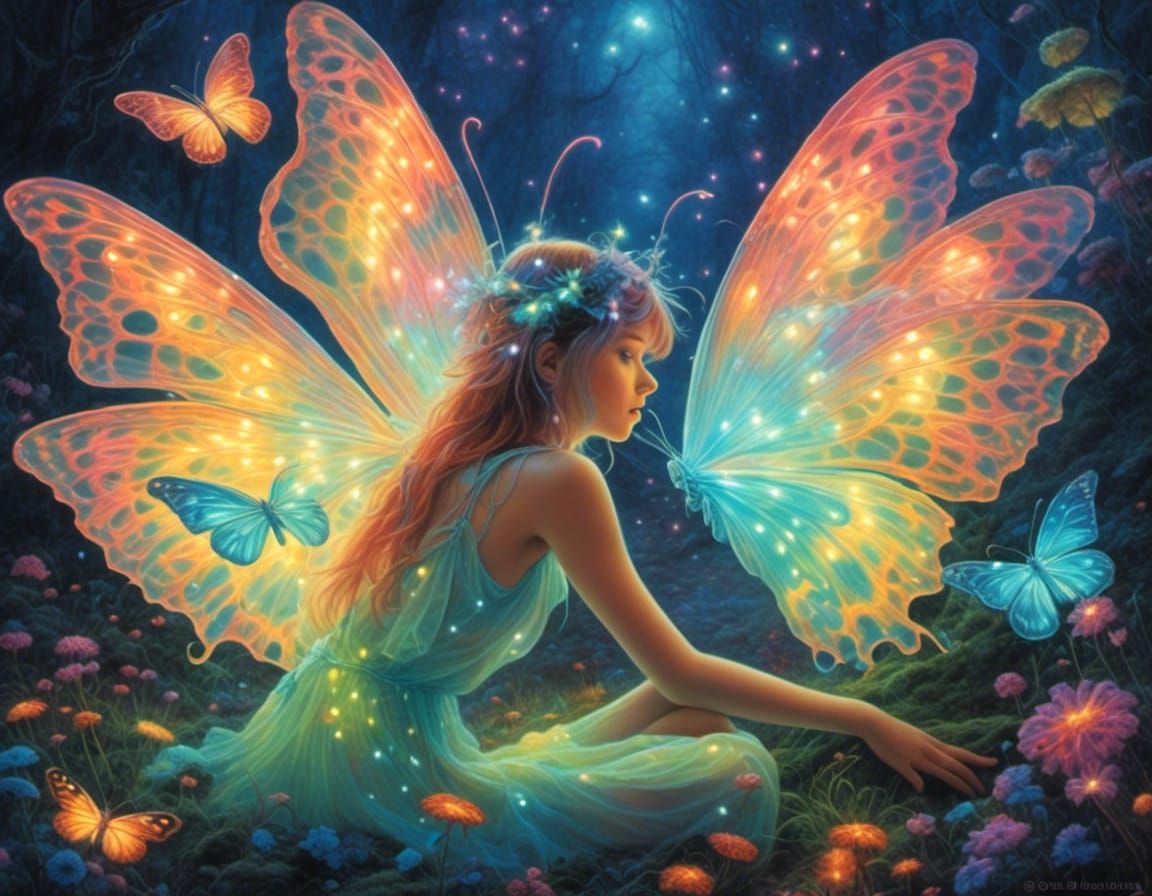 Bioluminescent Butterfly Fairy in a Neon Wonderland