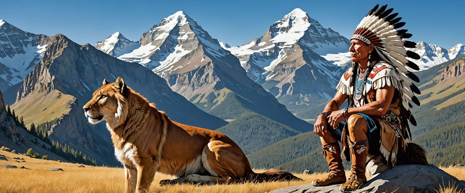 Native American Chief and Mountain Lion Contemplation