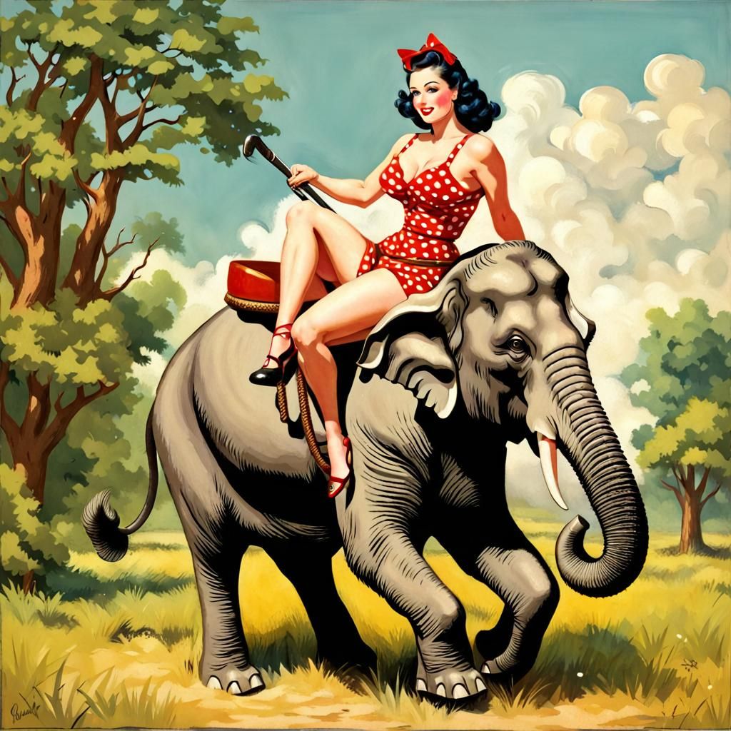 Pinup Girl Riding an Elephant Illustration