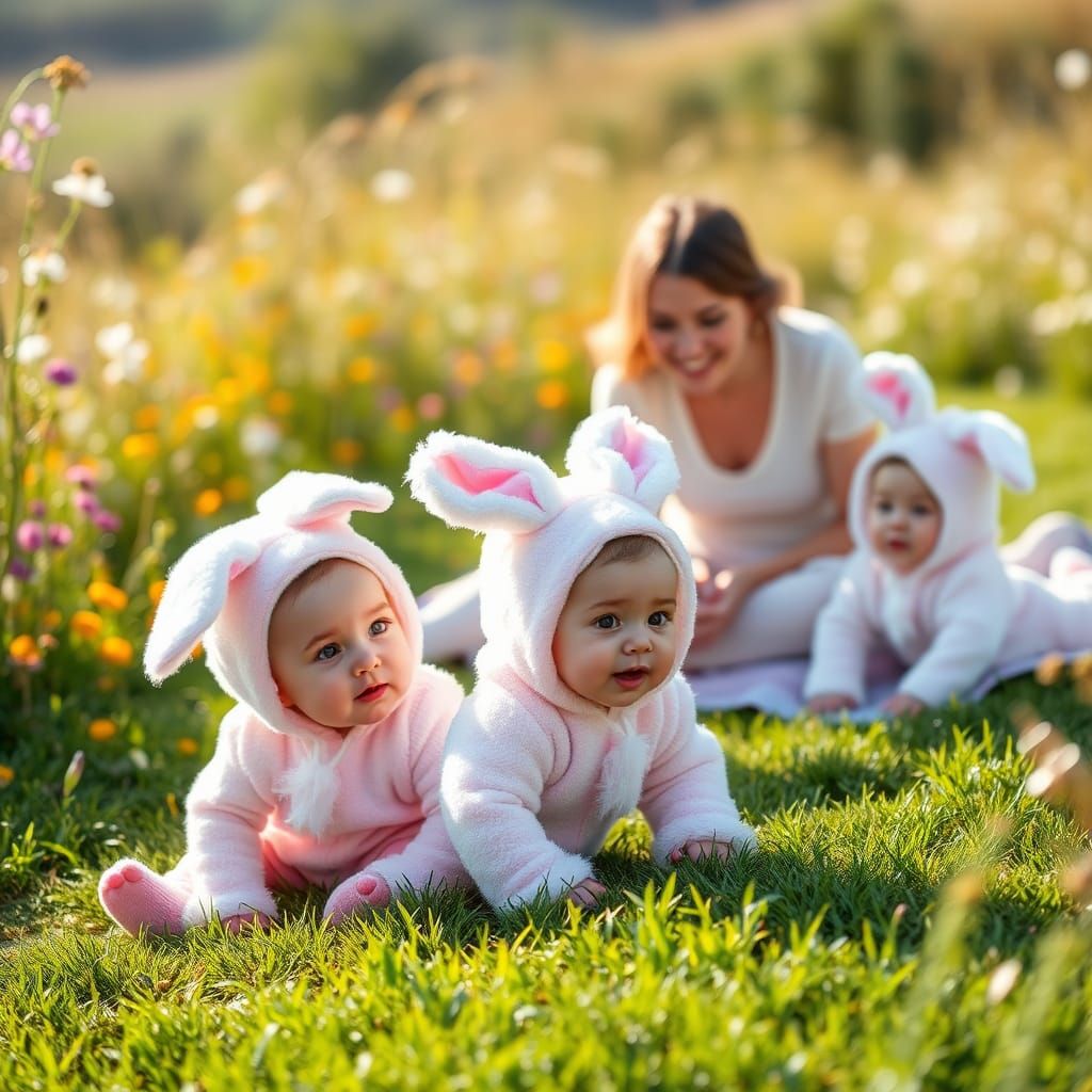 Babies in Bunny Costumes on a Lush Green Lawn