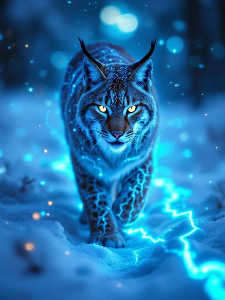 Lynx Walks Through Snow with Circuit Pattern Overlay