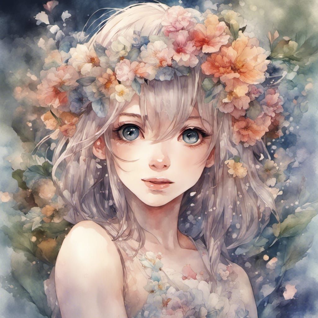 Anime Girl Portrait with Floral Watercolour Background