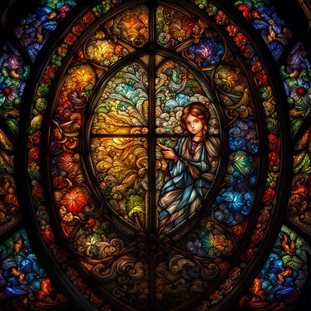 Hyperrealistic Pixie with Stained Glass Background
