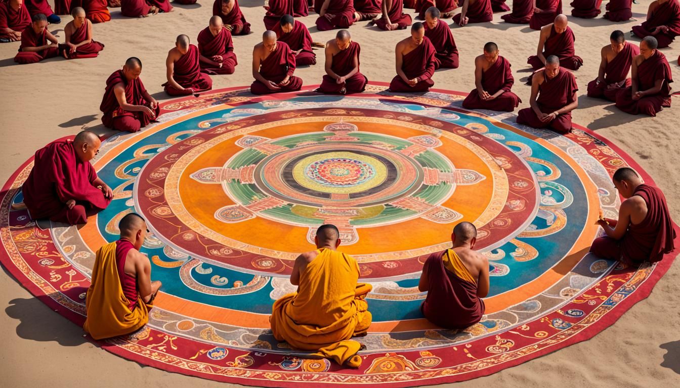 Tibetan Buddhist Monks Work Together to Create an Intricate Sand-Painting Mandala.